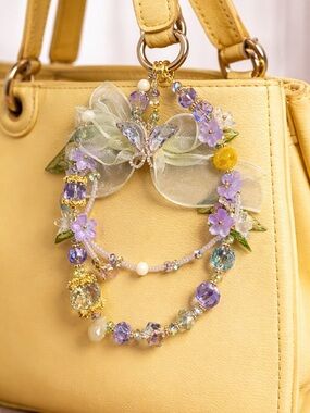 Handmade Floral Bow Accent Bracelet in Pale Green and Purple